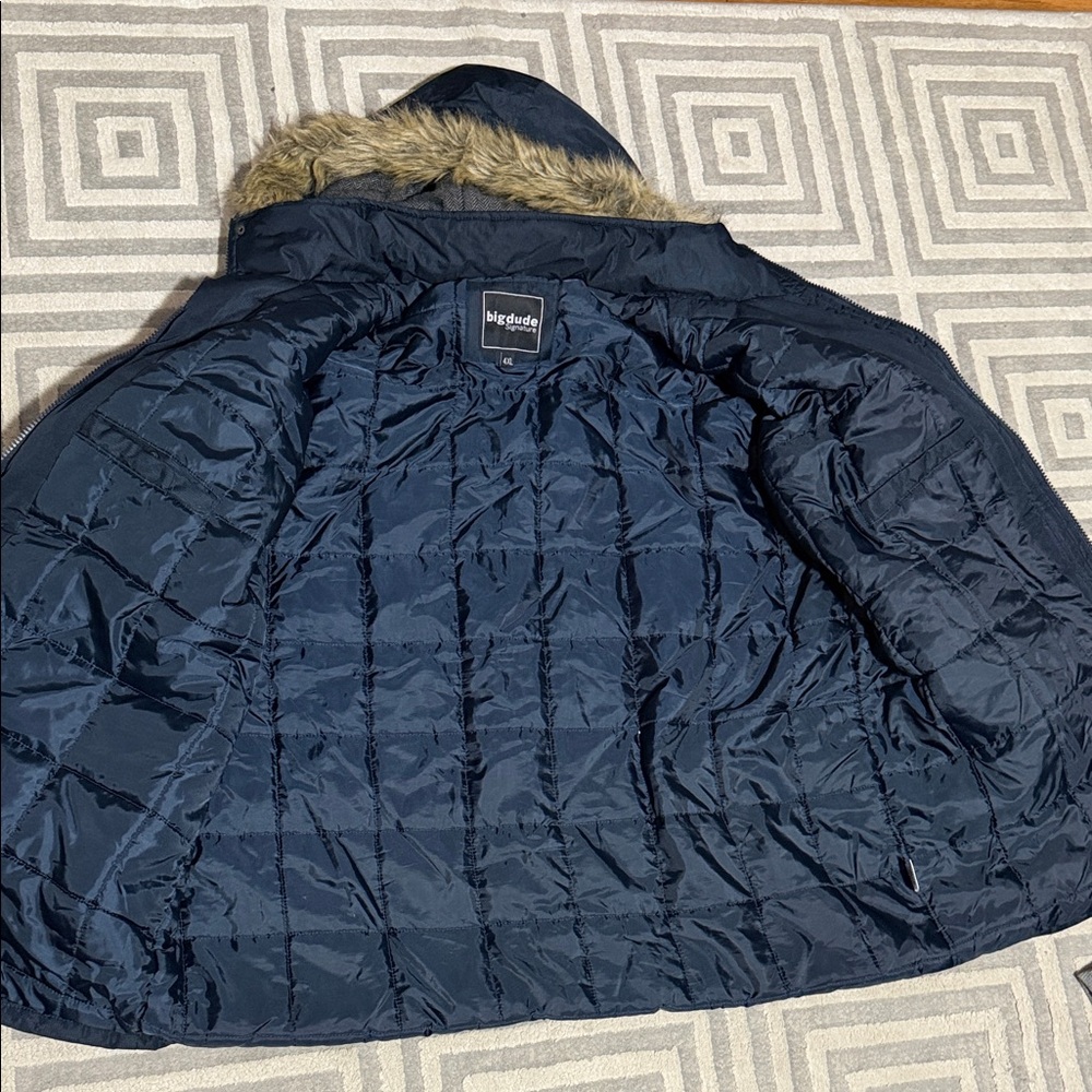 Men's Navy Parka with Faux Fur Hood - Picture 4 of 4